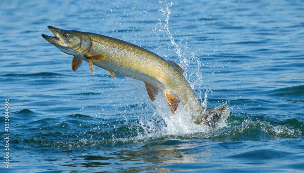 Fototapeta premium Fish leaps out of water with body extended diagonally. Gray and brown hues on fish body, vibrant green on fins. Calm blue water background provides contrast to fish motion.