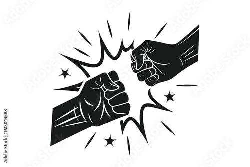 Two black fists clashing together in a dynamic silhouette against a stark white background isolated on white background