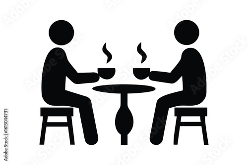 Two people sitting at a table enjoying hot drinks in a simple silhouette isolated on white background