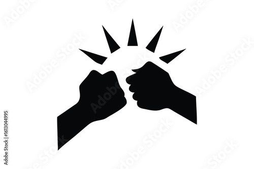 Two black silhouette hands clenching a bright light or sunburst symbol isolated on white background silhouette