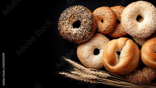 Assorted bagels with seeds and plain varieties are artfully arranged with wheat stalks on a dark surface, creating a contrast between light and shadow