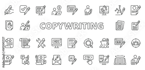 Copywriting icons in line design. Copywriting, content writing, SEO, text, marketing, headline, storytelling on white background vector. Copywriting editable stroke icons