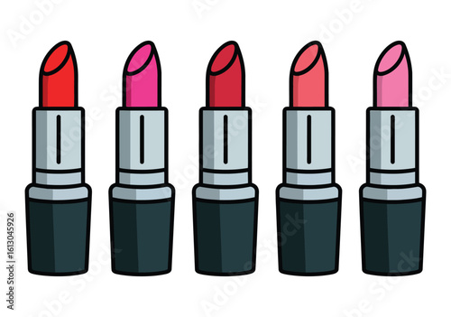 Five colorful lipsticks stand aligned in a row against a bright white background