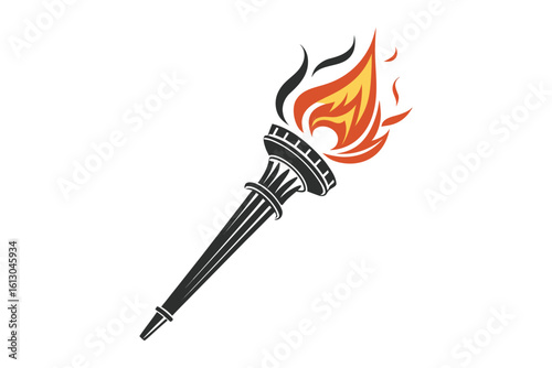A classic torch with a vibrant flame presented as a silhouette isolated on white background
