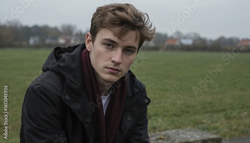 Young man in black coat, maroon scarf sits alone on stone bench in green field. Head rests on hand, looking at camera. Serene, tranquil outdoor portrait.