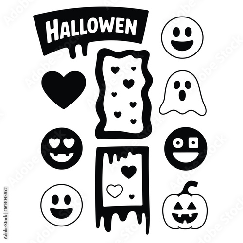 Halloween social media elements with story frame post icon spooky likes black heart ghost emoji and pumpkin gif black and white vector