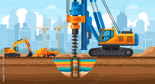 Construction site with drilling rig, excavator, and dump truck against a city skyline