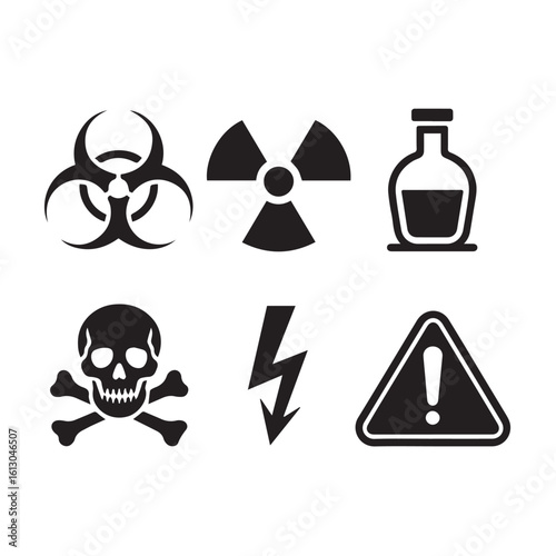 Hazard and Warning Glyph Icons – Biohazard, Radiation, Flammable, Toxic, Electric Shock, and Danger Zone Symbols