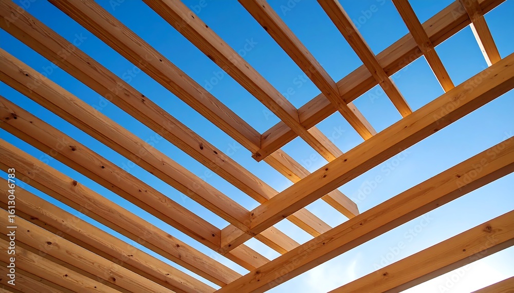 Low-angle view of a wooden lattice structure against a vibrant blue sky Low-angle view of a wooden lattice structure against a vibrant blue sky