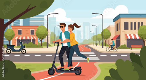 Couple riding electric scooter on red path in city with cyclist nearby