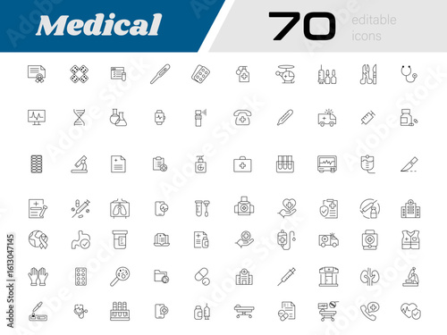 Medical icon set | Vector illustration containing medicine, hospital, healthcare, doctor, pills, clinic, medicine, surgery | Black color editable icons for social media, presentation, annual report