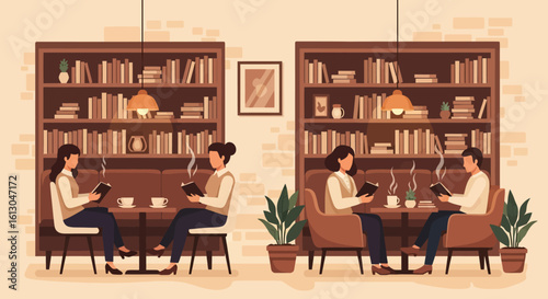 Cozy cafe scene with readers, bookshelves, steaming drinks, and warm lighting