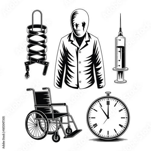 Insane asylum horror pack with straightjacket scribbled walls old wheelchair syringe and broken clock black and white vector