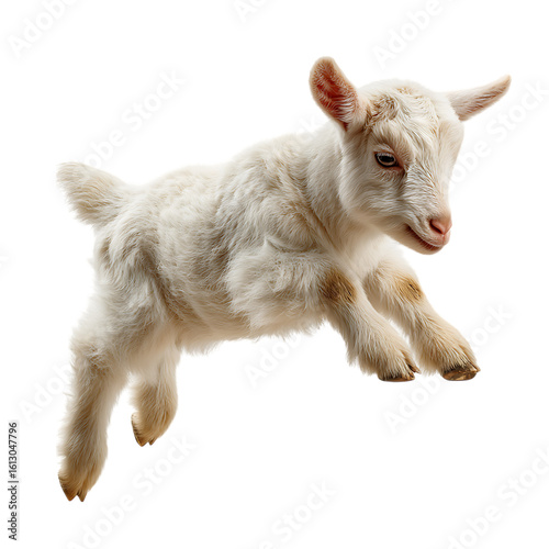 A cute baby goat jumps playfully in the air with joy and energy on transparent background
