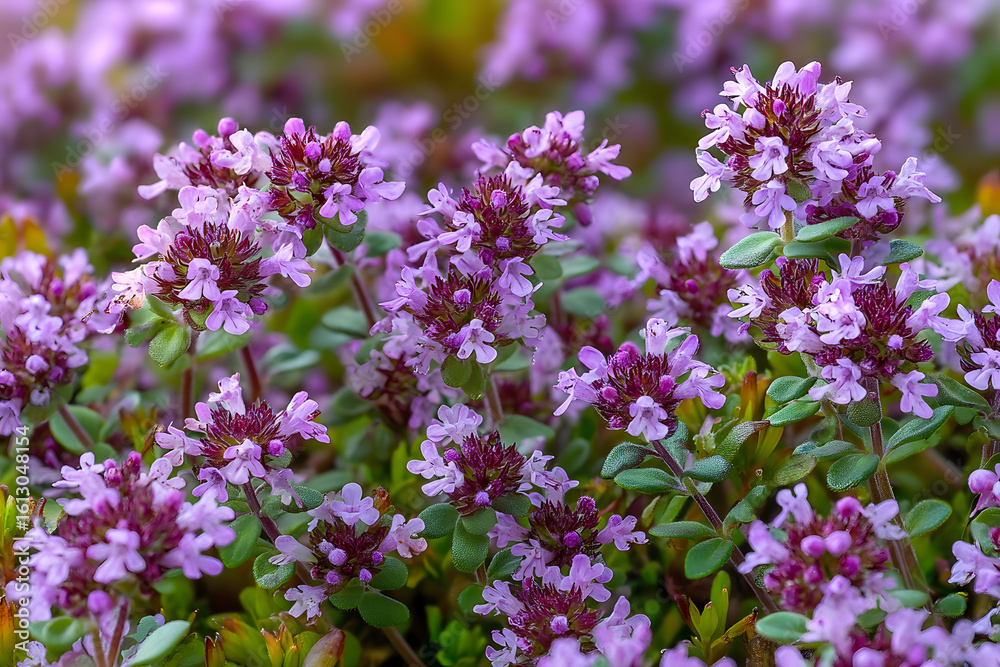 Fototapeta premium Blossoming fragrant Thymus serpyllum, Breckland wild thyme, creeping thyme, or elfin thyme close-up, macro photo. Beautiful food and medicinal plant in the field in the sunny day