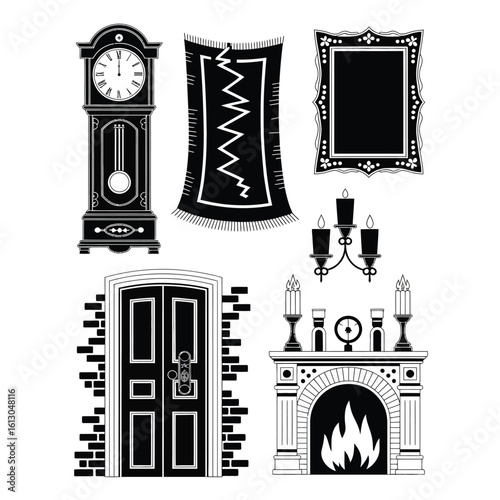 Old mansion relics set with grandfather clock, torn rug, hidden door, fireplace, and cursed photo frame in black and white