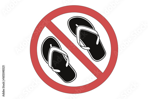 Red prohibition sign with a silhouette of flip flops inside indicating no footwear allowed isolated on white background silhouette