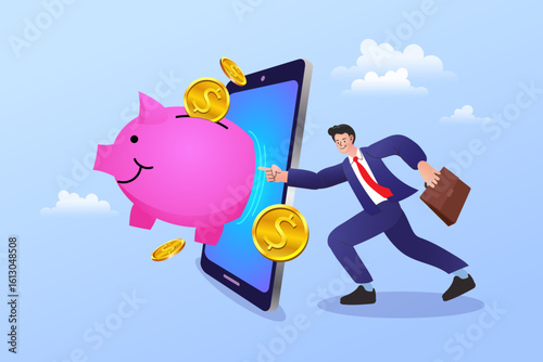 Online banking and digital savings concept. A piggy bank on a smartphone screen with gold coins flying in. An illustration for fintech, mobile investment apps, and e-wallets. Vector design technology.