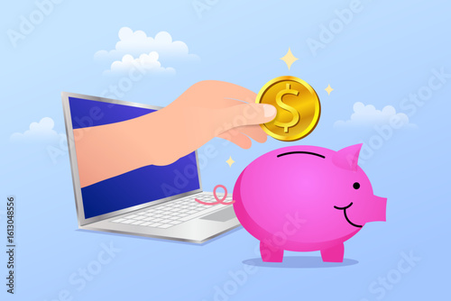 hands making a financial agreement over a piggy bank, with one hand giving a coin to another. A concept of a business loan, borrowing money, financial support, inheritance, or an investment deal.