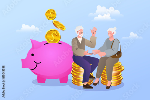 elderly couple saving money for retirement. Senior man and woman putting a large gold coin into a piggy bank. A concept of pension, financial security, and long-term well-being. Vector illustration.