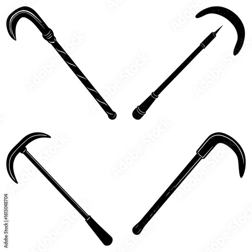 Illustration of four black and white stylized kusarigama weapons with curved blades and handles isolated