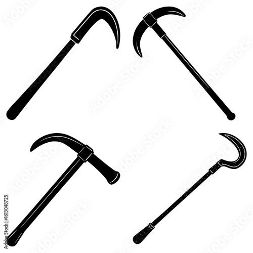 Illustration showing four different black and white scythes with curved blades and handles on a white background