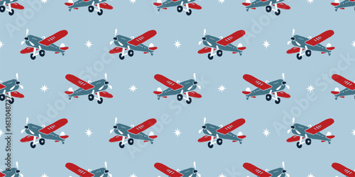 Cute Red and Blue Airplanes Seamless Pattern Hand-Drawn Aviation Kids Vector Background on Sky Blue