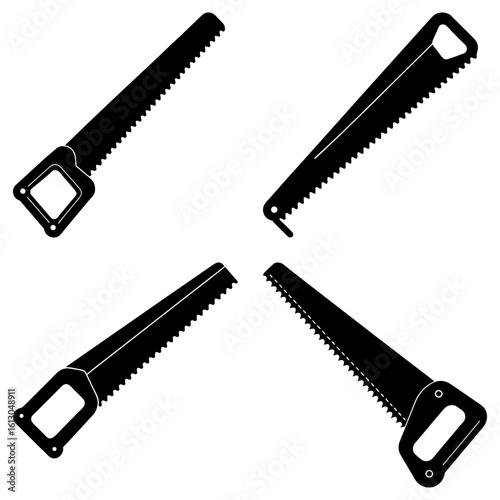 Four black hand saws arranged symmetrically on a white background showing carpentry tools and equipment