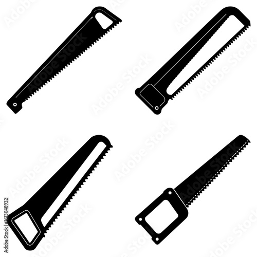 Illustration showing four different hand saws with black handles and sharp toothed blades on white background