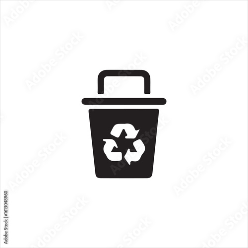 Black recycling bin icon with white recycle symbol on white background trash can waste bin