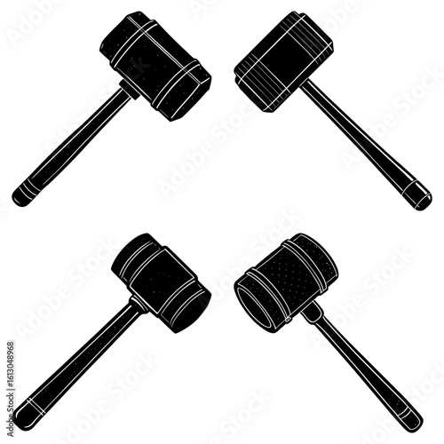Four black and white gavel illustrations arranged symmetrically on a plain white background design element