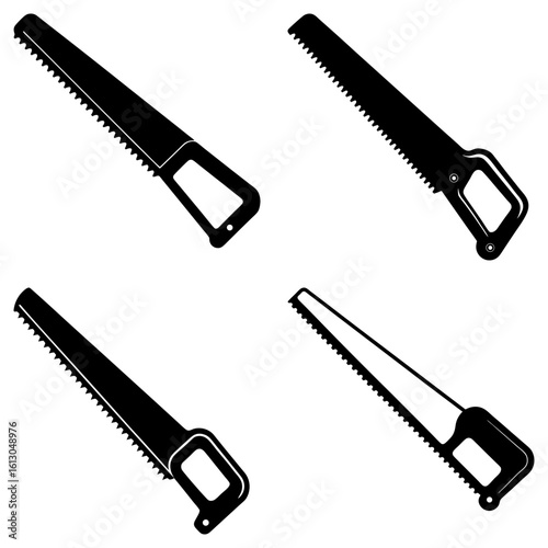 Four black and white illustrations of hand saws arranged in a square format on a white background