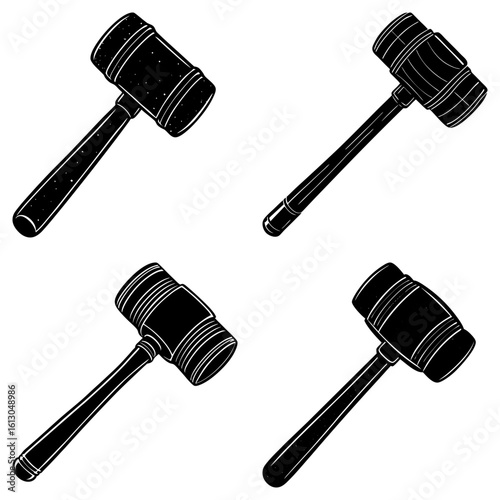 Four gavel illustrations arranged on a white background in a square format showing legal symbolism tool