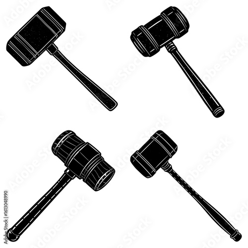 Four gavel illustrations arranged in a square format on a white background in a sketch style design
