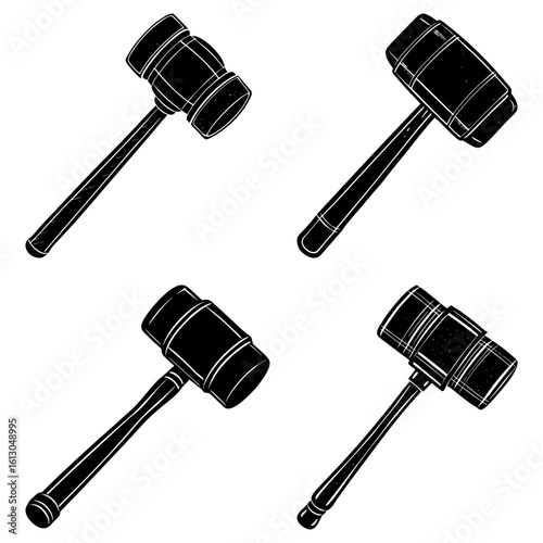 Four gavel illustrations in black and white showing different angles and perspectives of the object used in court