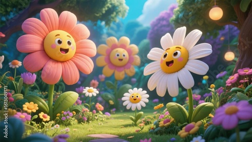 Animated flowers with cheerful faces in a vibrant garden setting