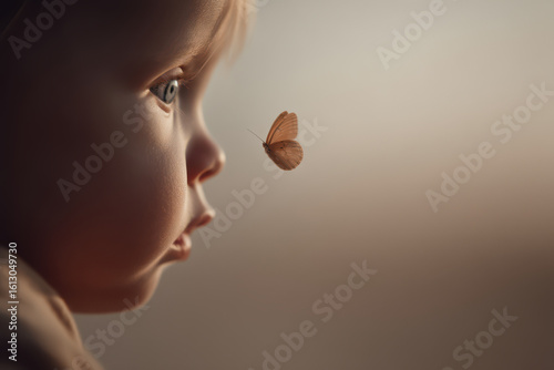 delightful baby gazes in awe at delicate butterfly surrounded by soft pastel background