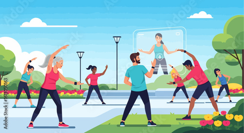 Diverse group exercising in park with virtual instructor on large screen
