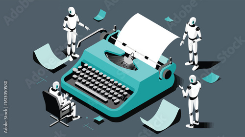 Group of humanoid robots interacting with large teal typewriter and flying papers, symbolizing AI evolution in writing and communication