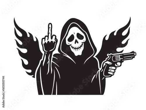 Grim Reaper Silhouette with Gun and Middle Finger Gesture