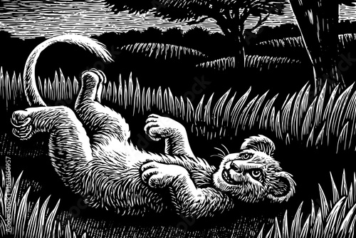 A lion cub playing with tail, joyful and clumsy, vector in a heartwarming and cute black and white line art illustration perfect for children’s and educational design