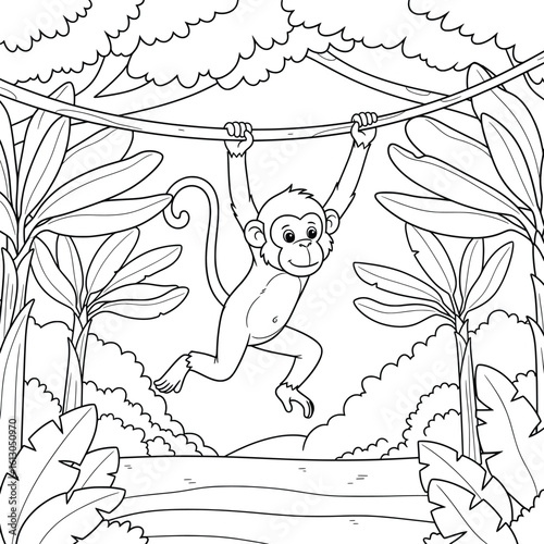 Cute Cartoon Monkey Swinging on Jungle Vine — Fun Animal Coloring Page with Tropical Leaves and Forest Background for Kids