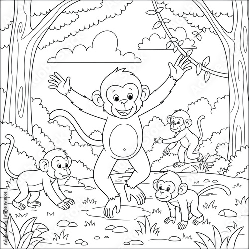 Happy Cartoon Monkeys Playing Together in Forest — Fun Group Animal Coloring Page for Kids with Trees, Vines, and Nature