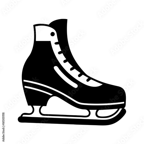 Black silhouette of ice hockey skate boot-Simple black silhouette of an ice hockey skate featuring laces and a sharp blade, symbolizing winter sports, skating, and ice activities.