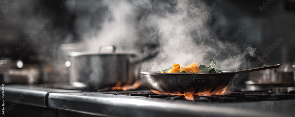 Culinary artistry in action Steaming food sizzles in a pan on a stove, embodying fresh ingredients and professional cooking. Great for food blogs or restaurant concepts. Culinary artistry in action Steaming food sizzles in a pan on a stove, embodying fresh ingredients and professional cooking. Great for food blogs or restaurant concepts.