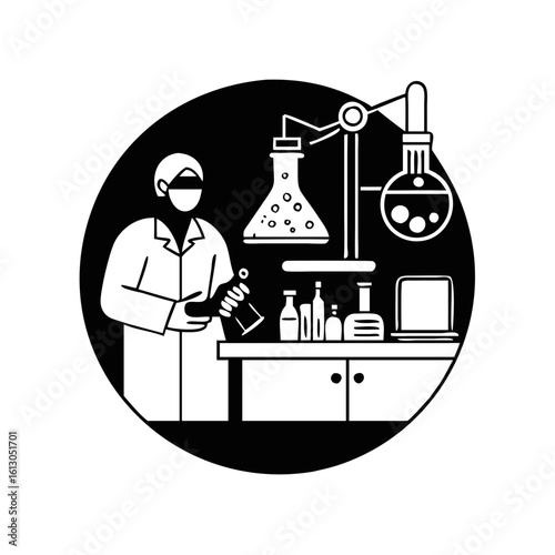 Scientist working with chemical solutions in laboratory-Illustration of a scientist in a mask and lab coat conducting chemical experiments with flasks, bottles, and laboratory equipment.