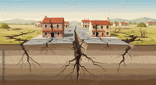 Earthquake Devastation: Cracked Houses and Split Earth in a Cartoon Landscape
