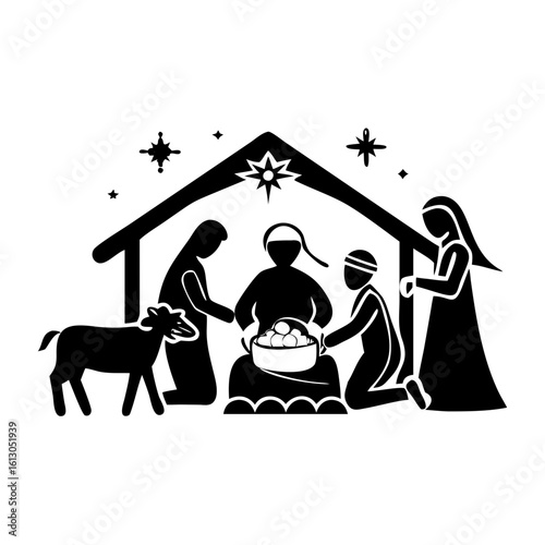 Holy Nativity Silhouette with Baby Jesus and Visitors-Black and white vector of nativity scene showing baby Jesus in the manger with Mary, Joseph, visitors, a lamb, and shining stars.
