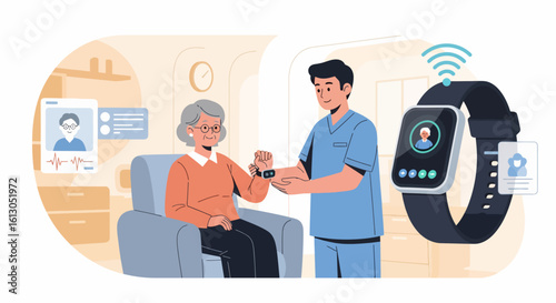 Elderly woman with smartwatch assisted by a male nurse, showcasing remote healthcare technology