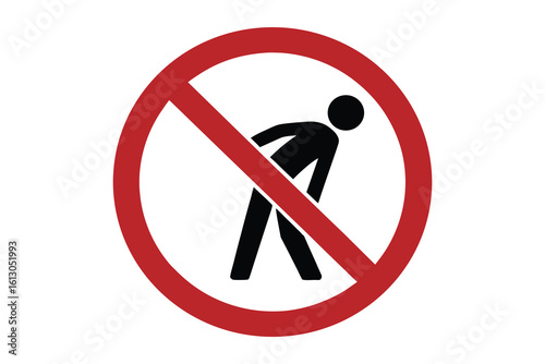 Red prohibition circle with diagonal line across a black silhouette of a person bending over isolated on white background silhouette